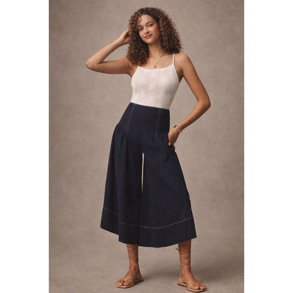 ANTHROPOLOGIE New Wide Leg‎ Pants 14 TALL Navy LINEN Blend Extended Waist Crop